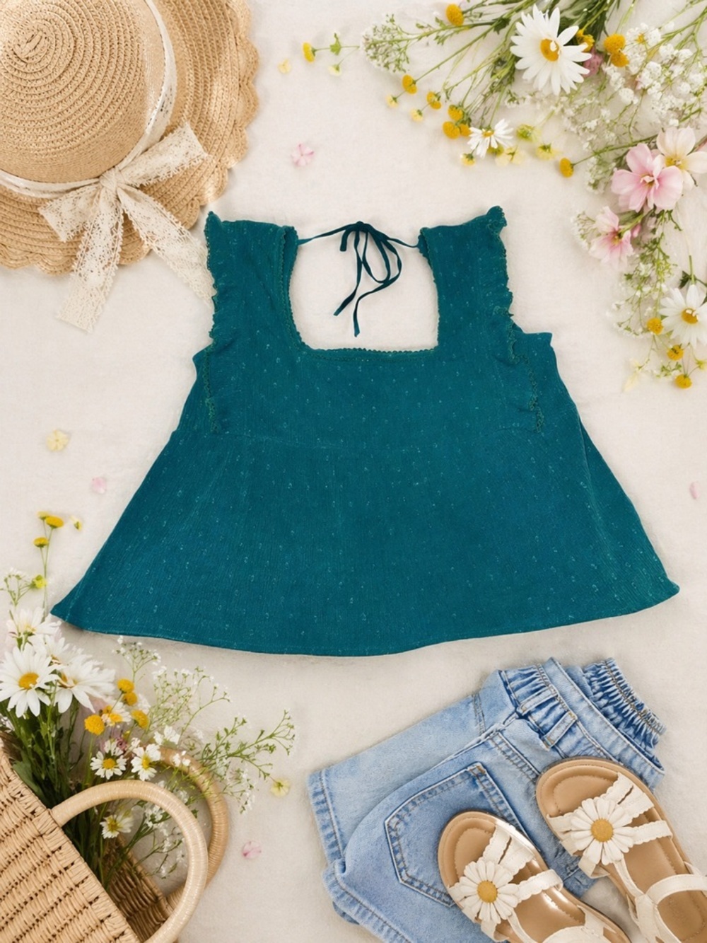O'Neill Teal Babydoll Blouse Large spring Coastal Cottage